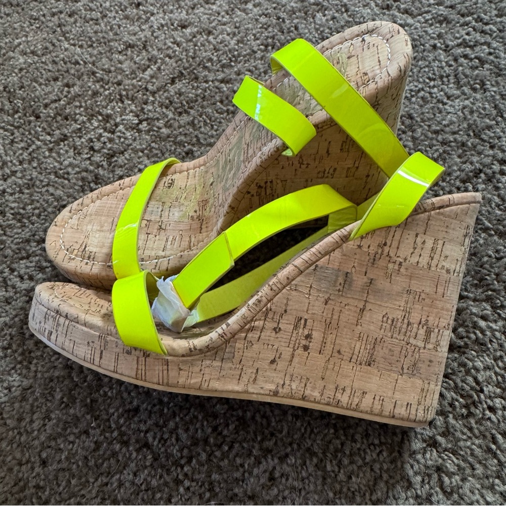 Neon Yellow Cork Wedge Sandals - Women's Open Toe Slip-On - Picture 6 of 7